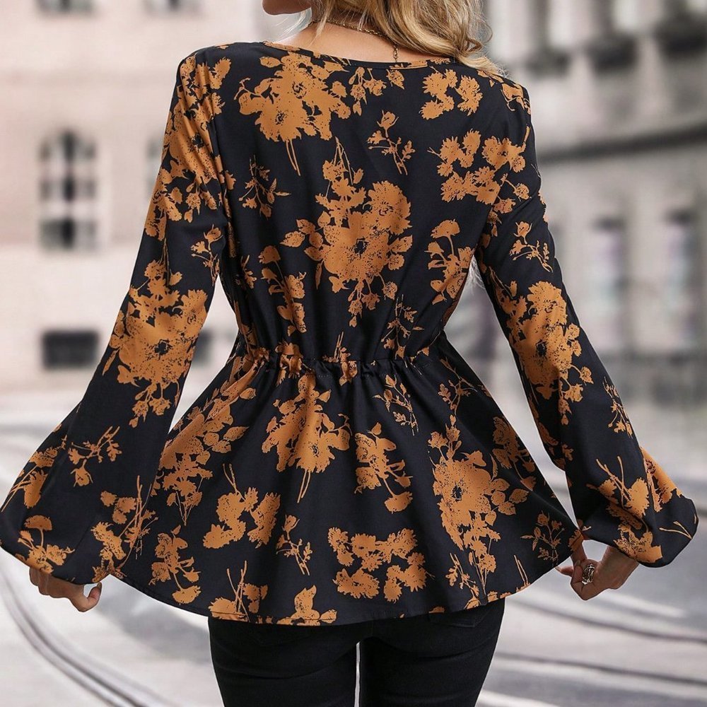 Black & Brown Preppy Womens Floral Print Lantern Sleeve Knot Front Peplum Blouse - Picture 2 of 5